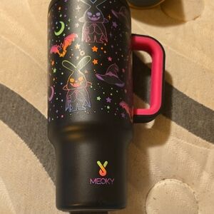 Black Travel Mug with Neon Halloween Print and Pink Handle